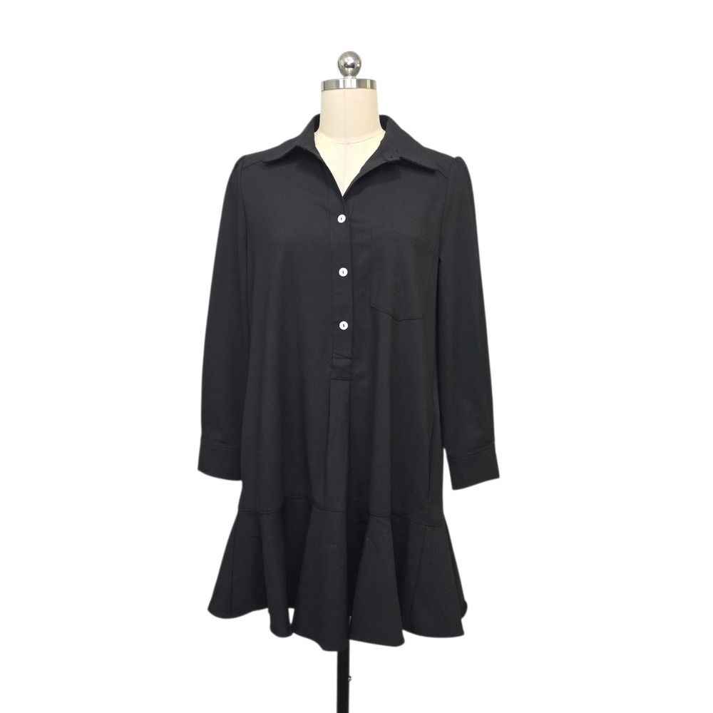 Pomander Place Black Long Sleeve Flounce Hem Collared Mini Dress Size Small